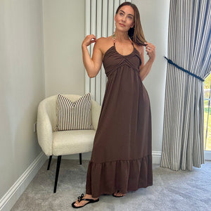 HALTERNECK NECKLACE DETAIL DRESS- BROWN
