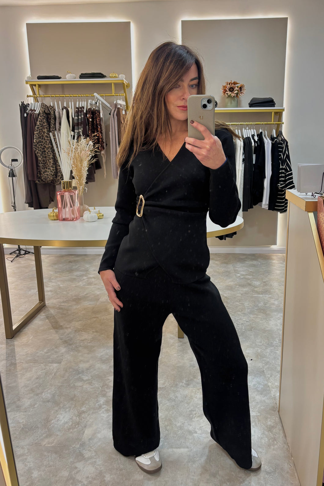 BLACK WRAP DETAIL FLAT KNIT LOUNGE SET