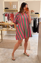 Load image into Gallery viewer, STRIPED DENIM PUFF SLEEVE DRESS - pink/khaki
