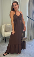 Load image into Gallery viewer, HALTERNECK NECKLACE DETAIL DRESS- BROWN
