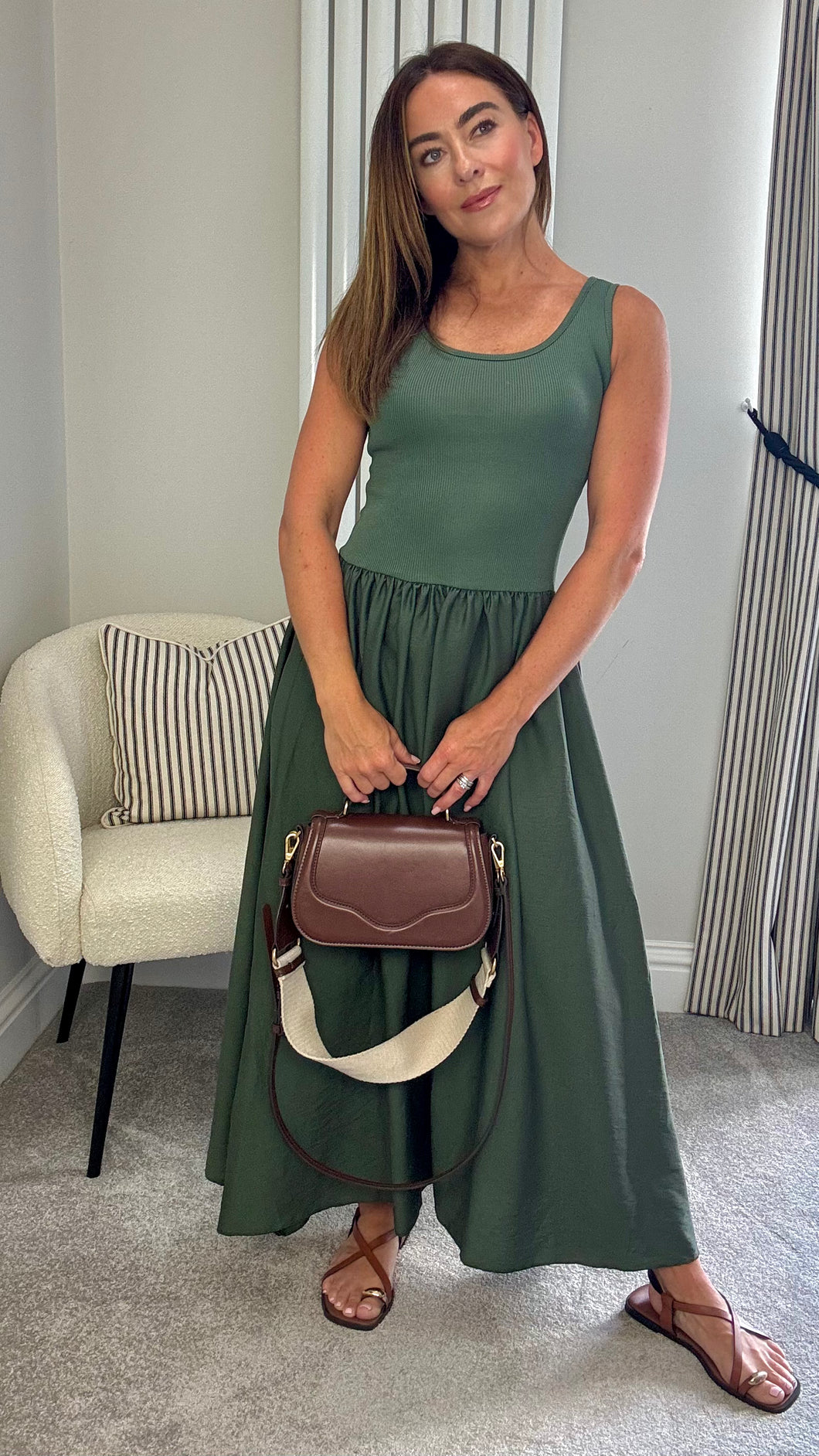 RIB VEST SKIRT DRESS- KHAKI
