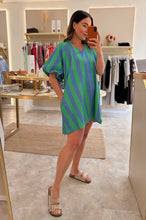 Load image into Gallery viewer, STRIPED DENIM PUFF SLEEVE DRESS -denim/green
