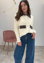 Load image into Gallery viewer, PU CONTRAST COLLAR KNIT CARDIGAN - cream
