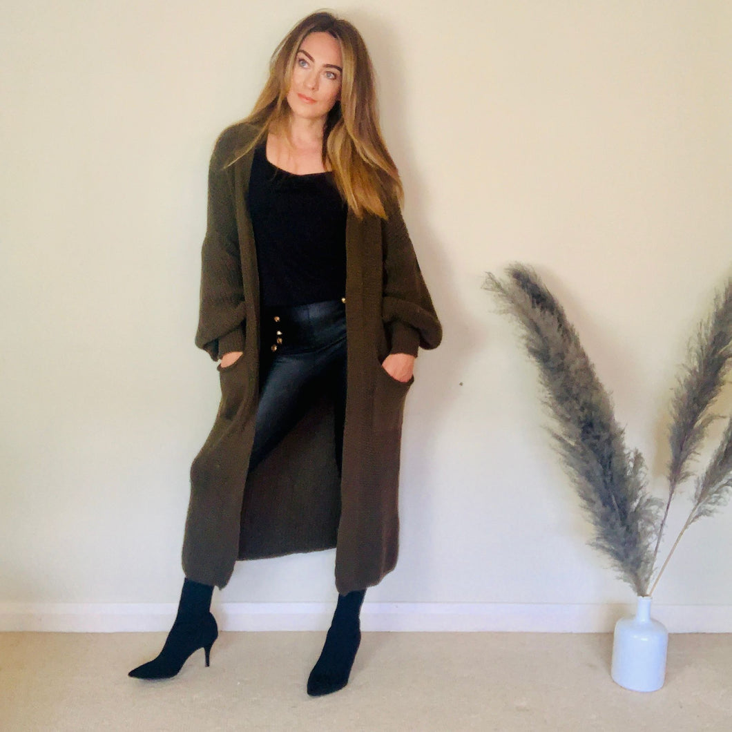 KHAKI LONG KNIT CARDIGAN